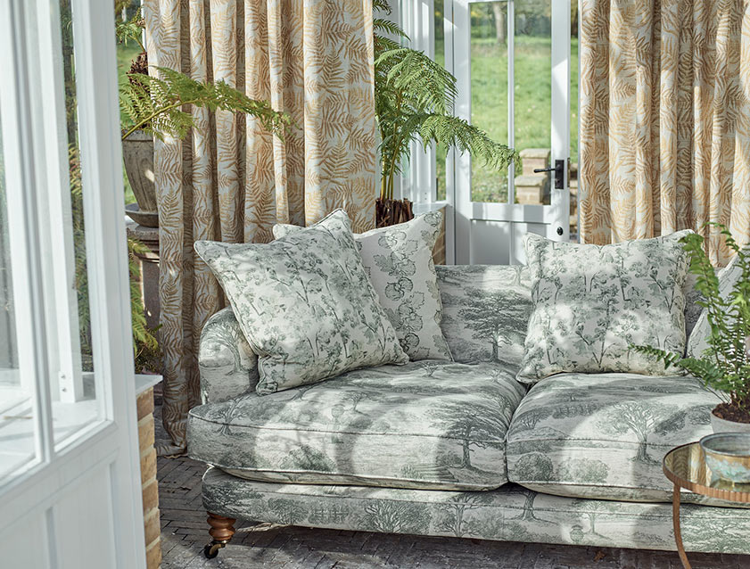 Helmsley 3 seater sofa in Spill Resistant Woodland Toile Forest Green scatters in Coppice Stripe Forest Green and Woodland Flora Forest Green